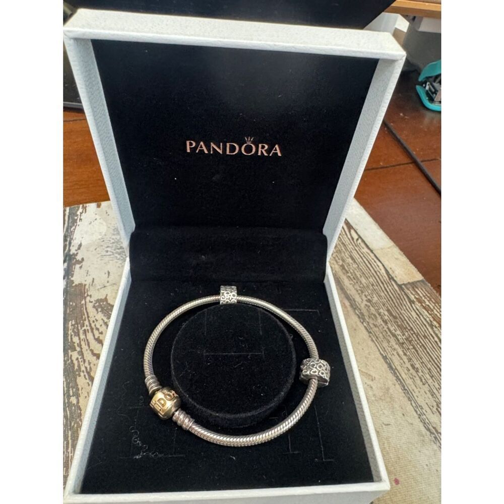 Authentic Pandora *14k* Gold and Silver Charm Bracelet -includes 2 Swirl Spacers